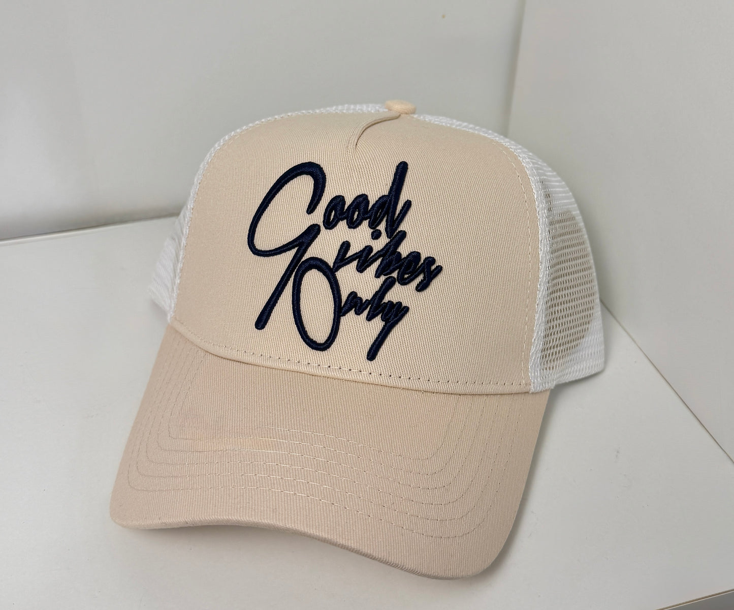 Good Vibes Only - Beige and White Hat with Raised White Letters